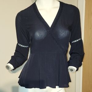 LOFT Blue Wrap Peplum Blouse with White Accents